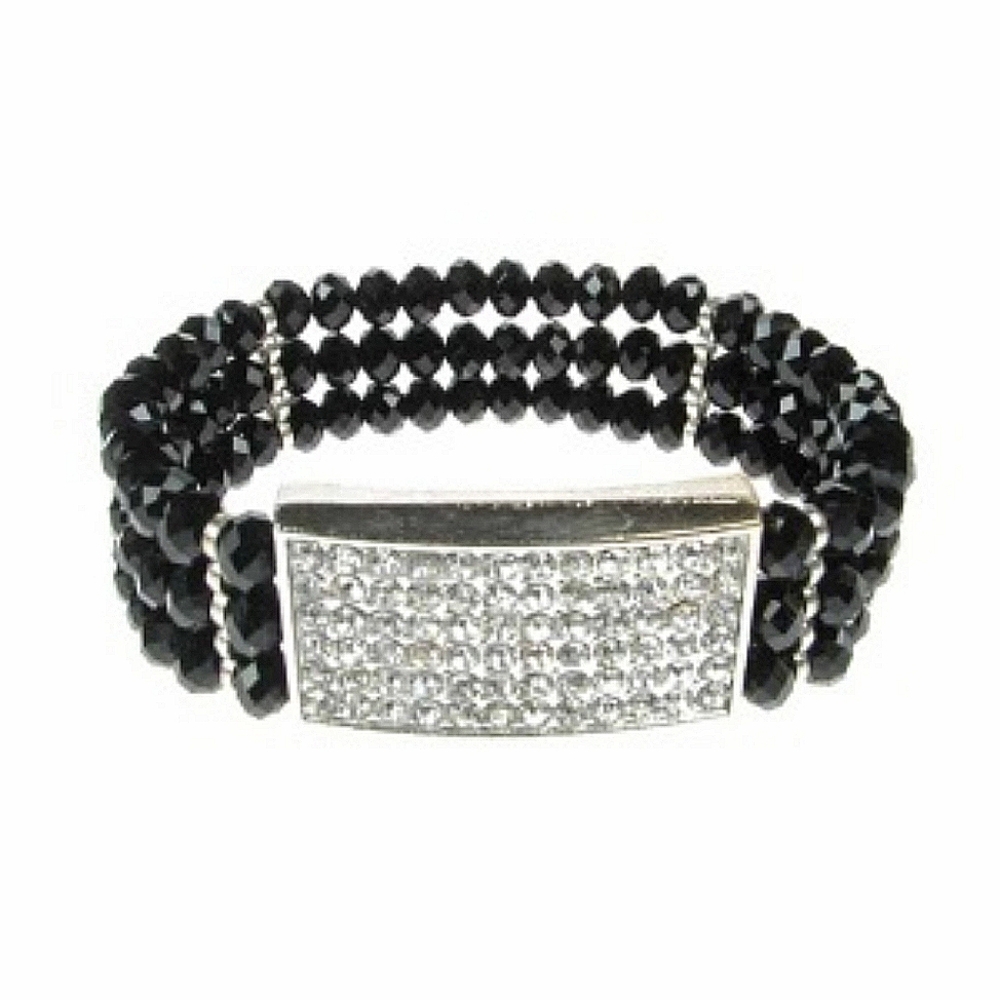 European Diamante Stretch Bracelet Silver Black Acrylic Crystal Beaded Formal